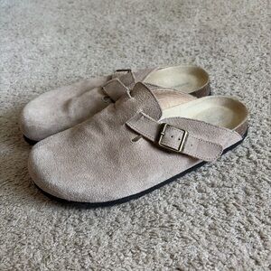 Sonoma Beige Suede Buckle Clogs